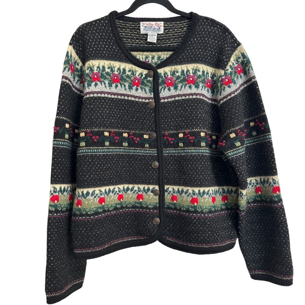 Vintage Tally-Ho Creation Floral Wool‎ Cardigan XL Cottagecore Grannycore
